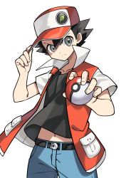 Rule 34 | 1boy, absurdres, belt, belt buckle, black belt, black hair, buckle, closed mouth, collarbone, commentary request, creatures (company), frown, game freak, grey eyes, hair between eyes, hand on headwear, hat, highres, holding, holding poke ball, jacket, male focus, navel, nintendo, open clothes, open jacket, pants, poke ball, poke ball (basic), pokemon, pokemon rgby, red (pokemon), red hat, shirt, short hair, solo, spiked hair, white background, yuihico