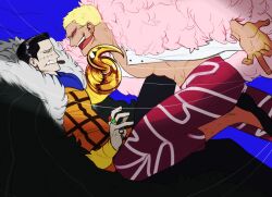 Rule 34 | 2boys, bad id, bad twitter id, bare pectorals, black hair, blonde hair, cigar, clenched teeth, coat, crocodile (one piece), donquixote doflamingo, duel, earrings, feather coat, feet out of frame, from side, frown, highres, hook hand, jewelry, liliiliillj, long sleeves, male focus, multiple boys, muscular, muscular male, one piece, pectorals, short hair, smile, smoking, stitches, sunglasses, teeth