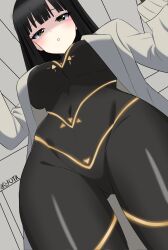 aryuta10 black_bodysuit blush bodysuit breasts cesara_(project_moon) from_below green_eyes highres large_breasts limbus_company narrow_waist project_moon signature thick_thighs thighs turtleneck turtleneck_bodysuit wide_hips