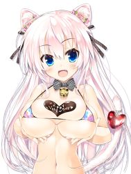 Rule 34 | 1girl, :d, animal ears, bell, bikini, blue eyes, blush, bow, bowtie, breast hold, breast lift, breasts, candy, cat ears, chocolate, chocolate heart, cleavage, fang, food, hair ribbon, happy valentine, heart, inuzumi masaki, large breasts, long hair, looking at viewer, micro bikini, navel, open mouth, original, pink hair, ribbon, smile, solo, swimsuit, tail, upper body, valentine, white background
