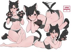 Rule 34 | 1girl, :3, animal ears, animal hands, black bra, black eyes, black hair, black panties, blush, bra, cat ears, cat tail, chainsaw man, closed mouth, commentary, detached sleeves, english commentary, frilled bra, frilled panties, frills, gloves, hair ornament, hairclip, higashiyama kobeni, highres, kamii momoru, kemonomimi mode, looking at viewer, multiple views, nail polish, open mouth, panties, paw gloves, paw pose, paw shoes, pink nails, see-through, see-through sleeves, short ponytail, side ponytail, simple background, tail, underwear, white background
