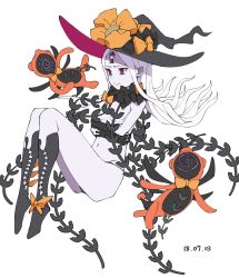 Rule 34 | 1girl, abigail williams (fate), abigail williams (third ascension) (fate), ass, blue skirt, breasts, crossed arms, fate/grand order, fate (series), hat, keyhole, long hair, michihasu, navel, parted bangs, red eyes, skirt, small breasts, solo, white hair, witch hat