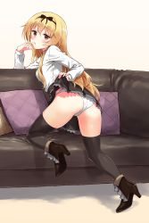 Rule 34 | 10s, 1girl, :o, absurdres, arifureta shokugyou de sekai saikyou, ass, black footwear, black hairband, black skirt, black thighhighs, blonde hair, blush, clothes lift, couch, finger to mouth, full body, hairband, high heels, highres, lifting own clothes, long hair, long sleeves, looking at viewer, looking back, momihige, panties, pillow, red eyes, shirt, shoes, skirt, skirt lift, solo, thighhighs, underwear, very long hair, white panties, white shirt, yue (arifureta)