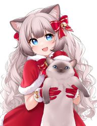 Rule 34 | 1girl, animal, animal ears, bell, black hair, blue eyes, blush, bow, cat, cat ears, cat girl, fang, gloves, gradient hair, grey hair, hair bow, hat, highres, holding, holding animal, indie virtual youtuber, long hair, looking at viewer, multicolored hair, nanasae (vtuber), open mouth, red bow, red gloves, red hat, santa costume, santa hat, smile, solo, susukitten, virtual youtuber, wavy hair