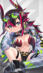 Rule 34 | 1girl, absurdres, black hair, breasts, cleavage, earrings, eyebrows, eyewear on head, glasses, hair between eyes, hatsuga (dmaigmai), highres, horns, huge filesize, jacket, jewelry, large breasts, long hair, long sleeves, looking at viewer, multicolored hair, navel, open clothes, open jacket, original, red hair, shoes, shorts, sitting, solo, thigh strap, two-tone hair