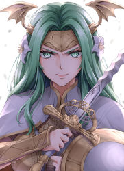 Rule 34 | 1girl, crests (fire emblem), fire emblem, fire emblem: three houses, flower, gauntlets, green eyes, green hair, hair flower, hair ornament, helmet, holding, holding sword, holding weapon, looking at viewer, nintendo, seiros (fire emblem), seiros shield, serious, simple background, solo, sword, sword of seiros, ten (tenchan man), v-shaped eyebrows, weapon, white background, white flower, winged helmet