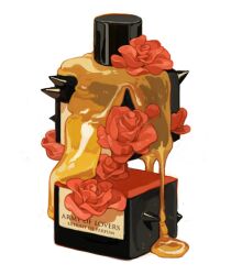 Rule 34 | ad, bottle, cosmetics, dripping, english text, floating, flower, honey, label, liquid, no humans, object focus, original, perfume (cosmetics), perfume bottle, red flower, red rose, rose, sachin teng, simple background, spikes, white background