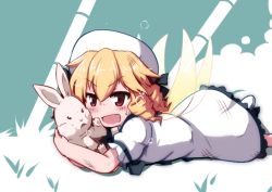 Rule 34 | 1girl, animal, blonde hair, blush, dress, drill hair, fairy, fairy wings, frilled dress, frilled sleeves, frills, hat, kanisawa yuuki, long hair, luna child, open mouth, rabbit, red eyes, short sleeves, solo, touhou, white dress, white hat, wings