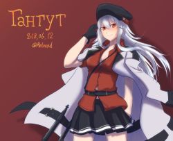 Rule 34 | 1girl, belt, black skirt, breasts, character name, cyrillic, dated, facial scar, gangut (kancolle), hair between eyes, hat, jacket, kantai collection, long hair, long sleeves, looking at viewer, medium breasts, melound, military, military hat, military uniform, miniskirt, naval uniform, one-hour drawing challenge, open clothes, red background, red eyes, red shirt, scar, scar on cheek, scar on face, shirt, silver hair, simple background, skirt, smile, torpedo, uniform, white jacket