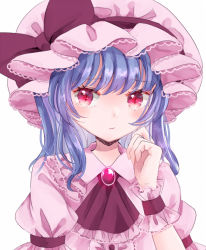 Rule 34 | 1girl, :/, alternate hair length, alternate hairstyle, ascot, blue hair, blush, bow, breasts, brooch, center frills, closed mouth, dress, frills, furrowed brow, hand up, hat, hat bow, jaku sono, jewelry, long hair, looking at viewer, mob cap, pink dress, pink eyes, pink hat, puffy short sleeves, puffy sleeves, purple bow, remilia scarlet, short sleeves, simple background, small breasts, solo, touhou, upper body, white background, wrist cuffs