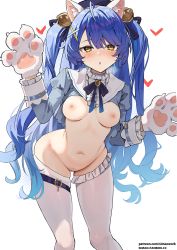 Rule 34 | 1girl, against glass, amamiya kokoro, animal ears, animal hands, bell, blue hair, blue hat, blush, breasts, cat ears, cat tail, gloves, hat, highres, jingle bell, large breasts, long hair, long sleeves, looking at viewer, navel, nijisanji, nipples, open mouth, paw gloves, reverse outfit, shrug (clothing), simao (x x36131422), solo, tail, thighs, two side up, virtual youtuber, white legwear, yellow eyes