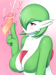 Rule 34 | 1girl, blush, breasts, cleavage, collarbone, creatures (company), cum, disembodied penis, ejaculation, erection, game freak, gardevoir, gen 3 pokemon, gradient background, green hair, half-closed eyes, hand up, highres, large breasts, nintendo, orgasm, penis, pink background, pokemon, pokemon (creature), pokemon rse, poking, rantana (lalalalackluster), red eyes, short hair, simple background, smile, solo, text focus, translation request, upper body