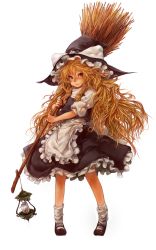 Rule 34 | 1girl, apron, blonde hair, broom, dress, eyebrows, female focus, frills, full body, hat, highres, kirisame marisa, lamp, lantern, long hair, looking at viewer, loose socks, mary janes, messy hair, pigeon-toed, sachito, shoes, simple background, socks, solo, standing, thick eyebrows, touhou, very long hair, white background, witch, witch hat, yellow eyes