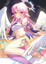 Rule 34 | 1girl, asymmetrical legwear, bare shoulders, black feathers, black gloves, boots, breasts, brown footwear, closed mouth, spiked halo, cross-shaped pupils, elbow gloves, feathered wings, feathers, gloves, hair between eyes, halo, highres, jibril (no game no life), long hair, looking at viewer, medium breasts, navel, no game no life, parted bangs, pink hair, pink thighhighs, single glove, skirt, smile, socks, solo, striped clothes, striped socks, symbol-shaped pupils, thighhighs, very long hair, white wings, wings, yellow eyes, yellow skirt, yunweishukuang