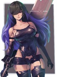 Rule 34 | 1girl, a2 (nier:automata), a2 (nier:automata) (cosplay), bad id, bad twitter id, black chemise, black gloves, black hair, black shorts, black thighhighs, breasts, brown eyes, cleavage, cosplay, elbow gloves, english text, facing viewer, gloves, gluteal fold, gradient hair, hair over one eye, highres, holding, holding sword, holding weapon, huge weapon, humanoid robot, joints, lips, long eyelashes, long hair, medium breasts, miss faves, mole, mole on cheek, multicolored hair, nier:automata, nier (series), no blindfold, one eye covered, purple hair, reverse grip, robot, robot joints, short shorts, shorts, sideboob, solo, sword, thigh gap, thighhighs, torn clothes, torn thighhighs, two-tone hair, weapon, weapon on back