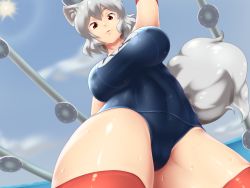 Rule 34 | 1girl, animal ears, breasts, eyebrows, highres, inubashiri momiji, large breasts, looking at viewer, looking down, one-piece swimsuit, red eyes, red legwear, school swimsuit, short hair, silver hair, solo, swimsuit, tail, thick eyebrows, thick thighs, thighs, tochinoko, touhou, wolf ears, wolf tail