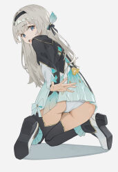 Rule 34 | 1girl, absurdres, aqua skirt, ass, black jacket, black thighhighs, chestnut mouth, cropped jacket, dress, firefly (honkai: star rail), from behind, green dress, grey hair, high heels, highres, honkai: star rail, honkai (series), jacket, kneeling, long hair, looking at viewer, looking back, lycsakd, open mouth, panties, shoe soles, sidelocks, simple background, skirt, solo, thighhighs, thighs, underwear, white background, white footwear, white panties, white sleeves