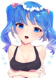 Rule 34 | 1girl, absurdres, bare arms, bare shoulders, black tank top, blue eyes, blue hair, blush, breasts, cleavage, collarbone, commentary request, crossed arms, flying sweatdrops, hair between eyes, hair bobbles, hair ornament, highres, kappa mame, kawashiro nitori, long hair, looking at viewer, medium breasts, no headwear, open mouth, simple background, solo, sparkle, swept bangs, tank top, touhou, twintails, upper body, white background
