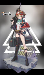 Rule 34 | 1girl, ahoge, belt, belt pouch, black socks, black thighhighs, brown hair, charm (object), closed mouth, covered navel, crack, cracked floor, english text, facial mark, feathers, gluteal fold, goggles, goggles on head, green eyes, hand on own hip, highres, holding, holding weapon, leotard, letterboxed, orange goggles, original, pouch, short hair, sign, single sock, single thighhigh, smile, socks, solo, thelian, thighhighs, warning sign, weapon, white leotard, zipper