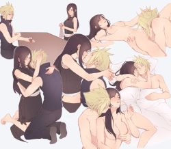 Rule 34 | 1boy, 1girl, aftersex, bare shoulders, barefoot, bed, bed sheet, black hair, blonde hair, breasts, cloud strife, couple, cuddling, cunnilingus, earrings, final fantasy, final fantasy vii, final fantasy vii advent children, grabbing, grabbing from behind, groping, hetero, high collar, holding, hug, jewelry, kiss, large breasts, long hair, lying, midriff, moaning, nude, on back, oral, pudelmudel, red eyes, sequential, sex, shirt, sleeping, spiked hair, square enix, tifa lockhart