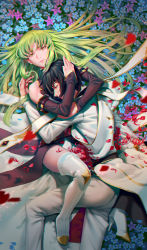 Rule 34 | 1boy, 1girl, bare shoulders, black hair, blue flower, boots, c.c., closed mouth, code geass, couple, detached sleeves, field, flower, flower field, full body, green hair, highres, holding, hug, lelouch vi britannia, long hair, long sleeves, looking at viewer, lying, lying on person, on back, on ground, outdoors, pants, petals, purple flower, red flower, short hair, spider lily, thigh boots, thighhighs, white footwear, white pants, whoareuu, yellow eyes