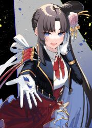Rule 34 | 1girl, alternate costume, black hair, black suit, blue eyes, commentary request, eyeshadow, fate/grand order, fate (series), flower, formal, gloves, hair bun, hair flower, hair ornament, highres, long hair, long sleeves, looking at viewer, makeup, neck ribbon, o mochi (usami31mi), parted bangs, petals, pink flower, reaching, reaching towards viewer, red eyeshadow, red ribbon, red skirt, ribbon, side ponytail, single hair bun, skirt, smile, solo, suit, ushiwakamaru (fate), very long hair, white gloves