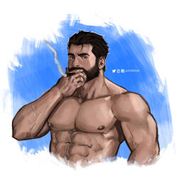 Rule 34 | 1boy, abs, alternate body hair, bara, beard, black hair, blue background, cigar, cropped torso, facial hair, graves (league of legends), hair slicked back, highres, jesse adriano, large pectorals, league of legends, looking at viewer, male focus, mature male, muscular, muscular male, nipples, nude, pectorals, short hair, smoking, solo, stomach, thick eyebrows, two-tone background, veins, veiny arms