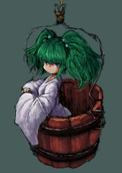 Rule 34 | 1girl, 2b-ge, bucket, closed mouth, container, flat chest, green eyes, green hair, hair bobbles, hair ornament, highres, in bucket, in container, kisume, long sleeves, looking at viewer, short twintails, simple background, solo, touhou, twintails, wooden bucket