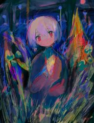 Rule 34 | 1girl, abstract, bad id, bad twitter id, hand up, highres, long sleeves, looking at viewer, original, purple hair, red eyes, short hair, signature, solo, tabmur, upper body
