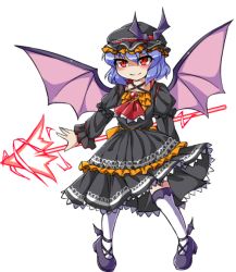 Rule 34 | 1girl, alternate costume, ascot, bat wings, black dress, blue hair, brooch, dress, fun bo, gothic lolita, hat, hat ribbon, jewelry, juliet sleeves, lolita fashion, long sleeves, marisa to alice no cookie storia, mob cap, over-kneehighs, puffy sleeves, red eyes, remilia scarlet, ribbon, sash, smile, solo, spear the gungnir, thighhighs, touhou, white thighhighs, wings, zettai ryouiki