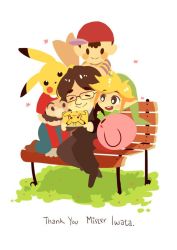 Rule 34 | 4boys, animal crossing, bench, black hair, blonde hair, creatures (company), english text, facial hair, formal, game freak, gen 1 pokemon, glasses, grass, handheld game console, hat, iwata satoru, kirby, kirby (series), link, male focus, mario, mario (series), mother (game), mother 2, multiple boys, mustache, necktie, ness (mother 2), nintendo, nintendo 3ds, outdoors, pikachu, playing games, pointy ears, pokemon, pokemon (creature), projecttiger, sitting, smile, suit, super smash bros., thank you, the legend of zelda, toon link, video game, white background