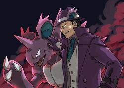 Rule 34 | 1boy, blouse, buttons, claws, coat, collared coat, collared shirt, commentary request, creatures (company), from side, game freak, gen 1 pokemon, giovanni (pokemon), giovanni (sygna suit) (pokemon), gloves, green necktie, hand on another&#039;s head, hand up, hat, highres, male focus, necktie, nidoking, nintendo, official alternate costume, oyu no mizuwari, parted lips, pokemon, pokemon masters ex, popped collar, purple coat, purple gloves, purple headwear, purple shirt, shirt, smile, smirk, team rocket, vest, white vest