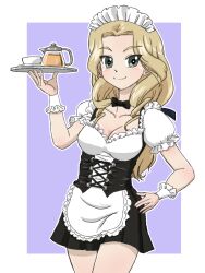 Rule 34 | 1girl, alternate costume, apron, black bow, black bowtie, black dress, black ribbon, blonde hair, blue background, bow, bowtie, breasts, closed mouth, commentary request, cowboy shot, cup, dress, drill hair, enmaided, frilled cuffs, girls und panzer, green eyes, hair ribbon, hand on own hip, holding, holding tray, long hair, looking at viewer, low-tied long hair, maid, maid headdress, medium breasts, outline, partial commentary, puffy short sleeves, puffy sleeves, ribbon, saucer, short dress, short sleeves, smile, sofue (girls und panzer), solo, standing, takahashi kurage, teacup, teapot, tray, underbust, waist apron, white apron, white outline