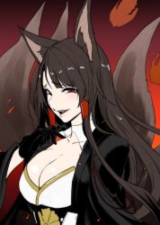 Rule 34 | 1girl, akagi (azur lane), animal ears, azur lane, black gloves, black hair, blush, breasts, clash kuro neko, cleavage, fire, fox ears, fox tail, gloves, japanese clothes, large breasts, long hair, looking at viewer, multiple tails, open mouth, red eyes, shiny skin, smile, solo, tail, wide sleeves