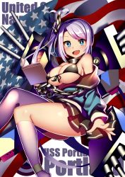 Rule 34 | 18bit, 1girl, :d, absurdres, ahoge, american flag, asymmetrical legwear, azur lane, bikini, bikini top only, blue eyes, book, breasts, character name, cleavage, commentary request, flag background, highres, holding, long hair, looking at viewer, machinery, open mouth, pleated skirt, portland (azur lane), side ponytail, silver hair, skirt, smile, solo, swimsuit, turret, uneven legwear, white legwear