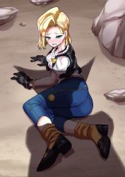 Rule 34 | 1girl, android 18, ass, badge, blonde hair, blue eyes, bob cut, breasts, clenched teeth, denim, dragon ball, dragonball z, earrings, feet, from above, full body, gloves, highres, hoop earrings, jeans, jewelry, legs, looking at viewer, loose socks, lying, medium breasts, medium hair, necklace, out of frame, outdoors, pants, pearl necklace, shadow, shoes, socks, susuanpan, teeth, thighs, vest