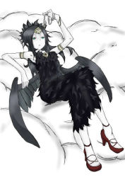 Rule 34 | 1girl, armband, black hair, bracelet, chain, cloud, cross, dress, duel monster, emblem, fabled grimro, feathers, feet, female focus, green eyes, high heels, jewelry, lying, necklace, shoes, solo, tiara, wings, yu-gi-oh!