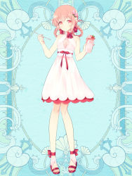 Rule 34 | 1girl, blue background, bow, dress, food, food-themed hair ornament, fruit, full body, hair ornament, hair rings, holding, holding spoon, kerberos blade, l (matador), light brown hair, looking at viewer, pink footwear, red bow, red eyes, red ribbon, ribbon, ribbon-trimmed clothes, ribbon trim, sandals, simple background, smile, solo, spoon, standing, strawberry, strawberry hair ornament, white dress