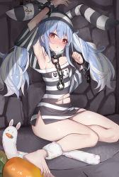 1girl, absurdres, animal ears, armpits, bangs, bare legs, bare shoulders, barefoot, blue hair, blush, breasts, bunny ears, carrot, chains, clothing cutout, collar, commentary request, cuffs, don-chan (usada pekora), dress, eyebrows visible through hair, full body, highres, hololive, long hair, looking at viewer, metal collar, midriff, multicolored hair, navel, navel cutout, off-shoulder dress, off shoulder, prison clothes, red eyes, shackles, sherryqq, short eyebrows, sitting, small breasts, striped, striped dress, striped headwear, thick eyebrows, triangle mouth, twintails, two-tone hair, usada pekora, virtual youtuber, white hair, wide sleeves