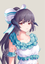 Rule 34 | 1girl, beige background, black hair, blue dress, bow, breasts, brown eyes, collarbone, commentary request, copyright request, dragon horns, dress, frills, frown, green bow, horns, large bow, large breasts, ling huanxiang, long hair, looking at viewer, ponytail, simple background, solo, two-tone bow, white bow