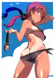 Rule 34 | 1girl, arm behind head, arm up, ass, back, bikini, blush, bracelet, breasts, brown eyes, butt crack, cloud, cowboy shot, earrings, em (totsuzen no hakike), from behind, goggles, grin, holding, jewelry, katou keiko, large breasts, looking at viewer, looking back, one-piece tan, red hair, scarf, side-tie bikini bottom, sky, smile, solo, strike witches, swimsuit, tan, tanline, twisted torso, world witches series