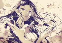 Rule 34 | 1girl, absurdres, blurry, breasts, cleavage, closed mouth, commentary, crossed arms, depth of field, eyewear on head, floating hair, flower in mouth, highres, jacket, large breasts, long hair, looking at viewer, monochrome, nico robin, oboro keisuke, one piece, open hands, petals, sepia, simple background, smile, solo, sunglasses, unzipped, upper body, wind