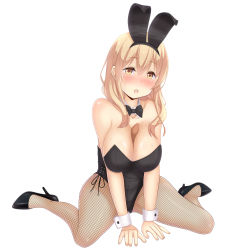 Rule 34 | 1girl, absurdres, animal ears, between breasts, black bow, black bowtie, black leotard, blonde hair, bow, bowtie, breasts, commentary request, detached collar, fake animal ears, fishnet pantyhose, fishnets, high heels, highres, large breasts, leotard, long hair, looking at viewer, pantyhose, playboy bunny, pumps, rabbit ears, rabbit girl, sainohikari, sexually suggestive, shoes, simple background, sitting, solo, sunohara ayaka, sunoharasou no kanrinin-san, wariza, white background, wrist cuffs