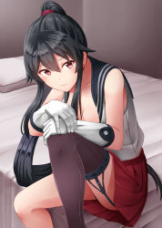 Rule 34 | 1girl, bed sheet, black hair, black sailor collar, black thighhighs, breasts, cleavage, collarbone, feet out of frame, gloves, hair between eyes, highres, kamelie, kantai collection, long hair, medium breasts, pillow, pleated skirt, ponytail, red eyes, red skirt, sailor collar, school uniform, serafuku, single thighhigh, skirt, sleeveless, smile, solo, thighhighs, very long hair, white gloves, yahagi (kancolle)