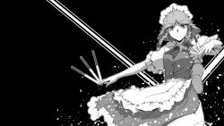 Rule 34 | 1girl, apron, black background, bow, braid, buttons, closed mouth, commentary request, cowboy shot, greyscale, hair bow, highres, holding, izayoi sakuya, knife, looking at viewer, maid headdress, monochrome, negative space, parted bangs, short hair, short sleeves, side braid, solo, sunatoshi, touhou, twin braids, waist apron