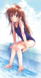 Rule 34 | 1girl, arm support, barefoot, blush, brown eyes, brown hair, child, cloud, day, feet, full body, goto p, hair ornament, hairclip, leaning forward, long hair, looking at viewer, narcissu, one-piece swimsuit, outdoors, pool, poolside, sakura setsumi, school swimsuit, setsumi sakura, sitting, smile, soaking feet, solo, swimsuit, very long hair, water