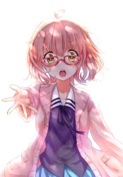 Rule 34 | 10s, 1girl, bad id, bad pixiv id, blue skirt, brown eyes, brown hair, dk.senie, glasses, highres, jewelry, kuriyama mirai, kyoukai no kanata, looking at viewer, matching hair/eyes, open mouth, pleated skirt, ring, short hair, simple background, skirt, solo, white background
