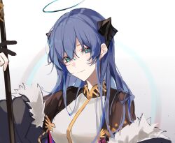 Rule 34 | 1girl, arknights, black gloves, blue eyes, blue hair, blue halo, demon horns, dress, fur-trimmed jacket, fur trim, gloves, hair between eyes, halo, highres, holding, holding staff, horns, jacket, joshua (shisanli934), long hair, looking at viewer, mostima (arknights), mostima (spellbreaker) (arknights), off shoulder, official alternate costume, open clothes, open jacket, partially fingerless gloves, simple background, solo, staff, upper body, white background, white dress