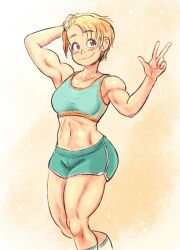 Rule 34 | 1girl, abs, alternate costume, alternate hairstyle, alternate muscle size, arm up, armpits, biceps, blonde hair, blush, breasts, female focus, green eyes, hand on own head, highres, jd benefield, linea alba, looking to the side, midriff, multicolored hair, muscular, muscular arms, muscular female, navel, orange hair, pengin pina, penguin girl, prism project, short hair, short shorts, shorts, simple background, smile, socks, solo, sports bra, standing, streaked hair, thick thighs, thighs, tomboy, virtual youtuber, yellow background