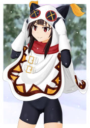 Rule 34 | 1girl, :&gt;, absurdres, adjusting hood, alternate costume, animal ears, black bodysuit, blurry, blurry background, bodysuit, brown hair, buckle, cameltoe, cape, commentary, cowboy shot, depth of field, female focus, gloves, gluteal fold, highres, hood, hood up, kono subarashii sekai ni shukufuku wo!, long sleeves, looking ahead, megumin, outdoors, outside border, pine tree, red eyes, red scarf, scarf, short hair, short hair with long locks, shorts, sirokohi, smile, snow, snowing, solo, thigh gap, tree, white cape, white gloves, winter clothes